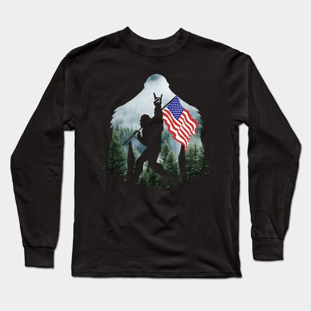 Bigfoot Into The Forest USA Flag Long Sleeve T-Shirt by Phylis Lynn Spencer